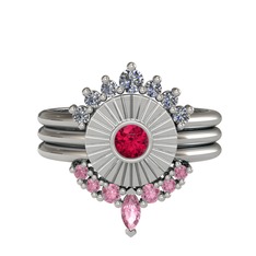 Pırlanta, rodolit garnet ve pembe kuvars 8 ayar beyaz altın yüzük (0.42 karat)