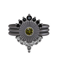 Minimal Tria Cora Yüzük - Siyah zirkon, peridot ve swarovski 925 ayar siyah rodyum kaplama gümüş yüzük #183dan3