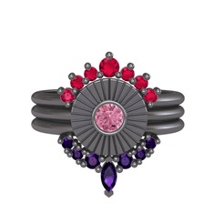 Minimal Tria Cora Yüzük - Rodolit garnet, pembe kuvars ve ametist 925 ayar siyah rodyum kaplama gümüş yüzük #188d0lu