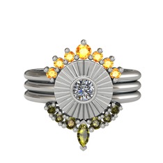 Minimal Tria Cora Yüzük - Sitrin, pırlanta ve peridot 14 ayar beyaz altın yüzük (0.16 karat) #189a8ew