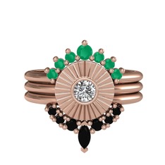 Minimal Tria Cora Yüzük - Kök zümrüt, beyaz zirkon ve siyah zirkon 18 ayar rose altın yüzük #18d01kj