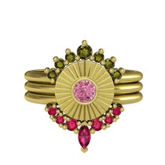 Peridot, pembe kuvars ve rodolit garnet 925 ayar altın kaplama gümüş yüzük