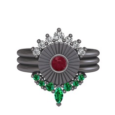 Minimal Tria Cora Yüzük - Swarovski, kök yakut ve yeşil kuvars 925 ayar siyah rodyum kaplama gümüş yüzük #18n4kir