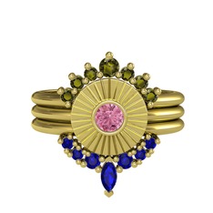Minimal Tria Cora Yüzük - Peridot, pembe kuvars ve lab safir 14 ayar altın yüzük #1927lk3