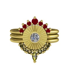 Minimal Tria Cora Yüzük - Kök yakut, pırlanta ve peridot 18 ayar altın yüzük (0.16 karat) #193sedg