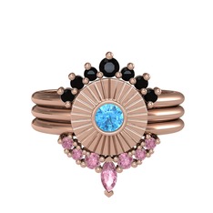 Minimal Tria Cora Yüzük - Siyah zirkon, akuamarin ve pembe kuvars 18 ayar rose altın yüzük #195muyq