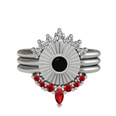 Minimal Tria Cora Yüzük - Swarovski, siyah zirkon ve garnet 18 ayar beyaz altın yüzük #195wedj