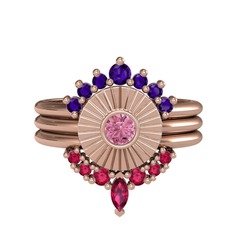 Minimal Tria Cora Yüzük - Ametist, pembe kuvars ve rodolit garnet 18 ayar rose altın yüzük #19h6qad