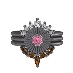 Minimal Tria Cora Yüzük - Swarovski, pembe kuvars ve dumanlı kuvars 925 ayar siyah rodyum kaplama gümüş yüzük #19jky0z