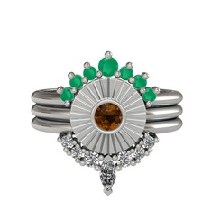 Minimal Tria Cora Yüzük - Kök zümrüt, dumanlı kuvars ve swarovski 18 ayar beyaz altın yüzük #19tj4l1