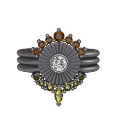 Minimal Tria Cora Yüzük - Dumanlı kuvars, swarovski ve peridot 925 ayar siyah rodyum kaplama gümüş yüzük #19tpo