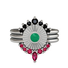 Minimal Tria Cora Yüzük - Siyah zirkon, kök zümrüt ve rodolit garnet 14 ayar beyaz altın yüzük #19zipdm