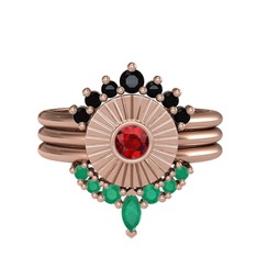 Minimal Tria Cora Yüzük - Siyah zirkon, garnet ve kök zümrüt 14 ayar rose altın yüzük #1a6h04m