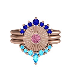 Minimal Tria Cora Yüzük - Lab safir, pembe kuvars ve akuamarin 8 ayar rose altın yüzük #1abd7p