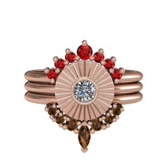Minimal Tria Cora Yüzük - Garnet, pırlanta ve dumanlı kuvars 14 ayar rose altın yüzük (0.16 karat) #1arclm8