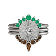 Minimal Tria Cora Yüzük - Kök zümrüt, swarovski ve dumanlı kuvars 8 ayar beyaz altın yüzük #1atm74s