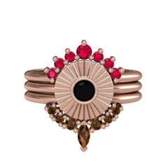 Minimal Tria Cora Yüzük - Rodolit garnet, siyah zirkon ve dumanlı kuvars 8 ayar rose altın yüzük #1bakuol