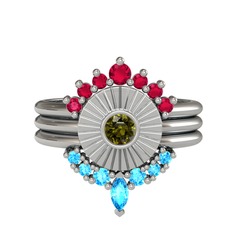 Minimal Tria Cora Yüzük - Rodolit garnet, peridot ve akuamarin 8 ayar beyaz altın yüzük #1bb00np