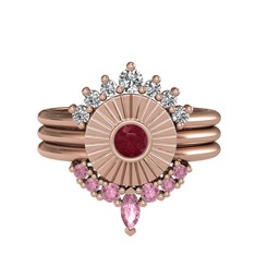 Swarovski, kök yakut ve pembe kuvars 18 ayar rose altın yüzük