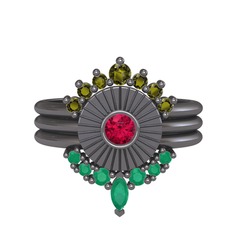 Minimal Tria Cora Yüzük - Peridot, rodolit garnet ve kök zümrüt 925 ayar siyah rodyum kaplama gümüş yüzük #1bh2zna