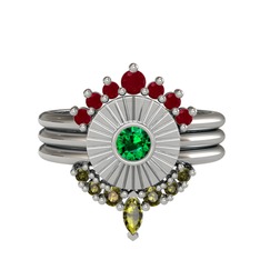 Minimal Tria Cora Yüzük - Kök yakut, yeşil kuvars ve peridot 14 ayar beyaz altın yüzük #1bm5x8f