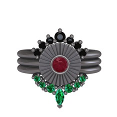 Minimal Tria Cora Yüzük - Siyah zirkon, kök yakut ve yeşil kuvars 925 ayar siyah rodyum kaplama gümüş yüzük #1bncw68