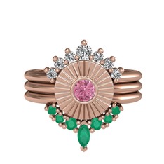 Swarovski, pembe kuvars ve kök zümrüt 14 ayar rose altın yüzük