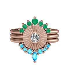 Kök zümrüt, swarovski ve akuamarin 14 ayar rose altın yüzük