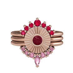 Minimal Tria Cora Yüzük - Rodolit garnet, kök yakut ve pembe kuvars 8 ayar rose altın yüzük #1bw515j