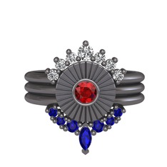 Minimal Tria Cora Yüzük - Swarovski, garnet ve lab safir 925 ayar siyah rodyum kaplama gümüş yüzük #1bxata