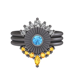 Minimal Tria Cora Yüzük - Swarovski, akuamarin ve sitrin 925 ayar siyah rodyum kaplama gümüş yüzük #1c3dmv0