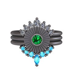 Minimal Tria Cora Yüzük - Pırlanta, yeşil kuvars ve akuamarin 925 ayar siyah rodyum kaplama gümüş yüzük (0.42 karat) #1c4cu7