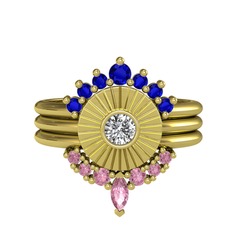 Minimal Tria Cora Yüzük - Lab safir, swarovski ve pembe kuvars 8 ayar altın yüzük #1c8zl6a
