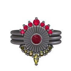 Minimal Tria Cora Yüzük - Rodolit garnet, kök yakut ve peridot 925 ayar siyah rodyum kaplama gümüş yüzük #1cc4b2j