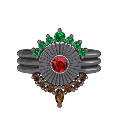 Minimal Tria Cora Yüzük - Yeşil kuvars, garnet ve dumanlı kuvars 925 ayar siyah rodyum kaplama gümüş yüzük #1ccaax4
