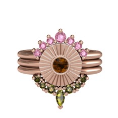 Minimal Tria Cora Yüzük - Pembe kuvars, dumanlı kuvars ve peridot 14 ayar rose altın yüzük #1cf2qfe