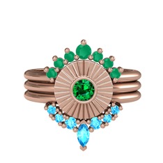 Minimal Tria Cora Yüzük - Kök zümrüt, yeşil kuvars ve akuamarin 925 ayar rose altın kaplama gümüş yüzük #1ckw38b