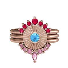 Rodolit garnet, akuamarin ve pembe kuvars 8 ayar rose altın yüzük