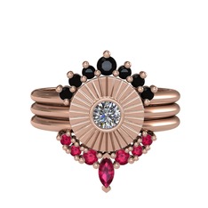 Minimal Tria Cora Yüzük - Siyah zirkon, pırlanta ve rodolit garnet 925 ayar rose altın kaplama gümüş yüzük (0.16 karat) #1cum22d