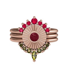 Minimal Tria Cora Yüzük - Rodolit garnet, kök yakut ve peridot 14 ayar rose altın yüzük #1cwnknn