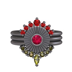 Minimal Tria Cora Yüzük - Garnet, rodolit garnet ve peridot 925 ayar siyah rodyum kaplama gümüş yüzük #1d1hvw2