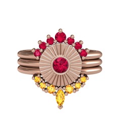 Minimal Tria Cora Yüzük - Rodolit garnet ve sitrin 14 ayar rose altın yüzük #1d8o7i5