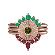 Kök zümrüt, peridot ve kök yakut 14 ayar rose altın yüzük