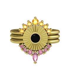 Minimal Tria Cora Yüzük - Sitrin, siyah zirkon ve pembe kuvars 18 ayar altın yüzük #1dg00fa