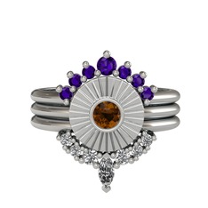 Minimal Tria Cora Yüzük - Ametist, dumanlı kuvars ve swarovski 18 ayar beyaz altın yüzük #1du7w8j