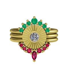 Kök zümrüt, pırlanta ve rodolit garnet 14 ayar altın yüzük (0.16 karat)