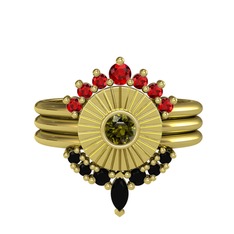 Minimal Tria Cora Yüzük - Garnet, peridot ve siyah zirkon 18 ayar altın yüzük #1e4tthk