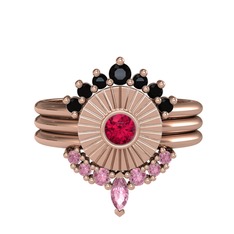Siyah zirkon, rodolit garnet ve pembe kuvars 8 ayar rose altın yüzük