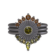 Minimal Tria Cora Yüzük - Dumanlı kuvars ve peridot 925 ayar siyah rodyum kaplama gümüş yüzük #1embf7v