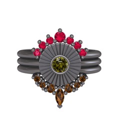 Minimal Tria Cora Yüzük - Rodolit garnet, peridot ve dumanlı kuvars 925 ayar siyah rodyum kaplama gümüş yüzük #1etfpsu
